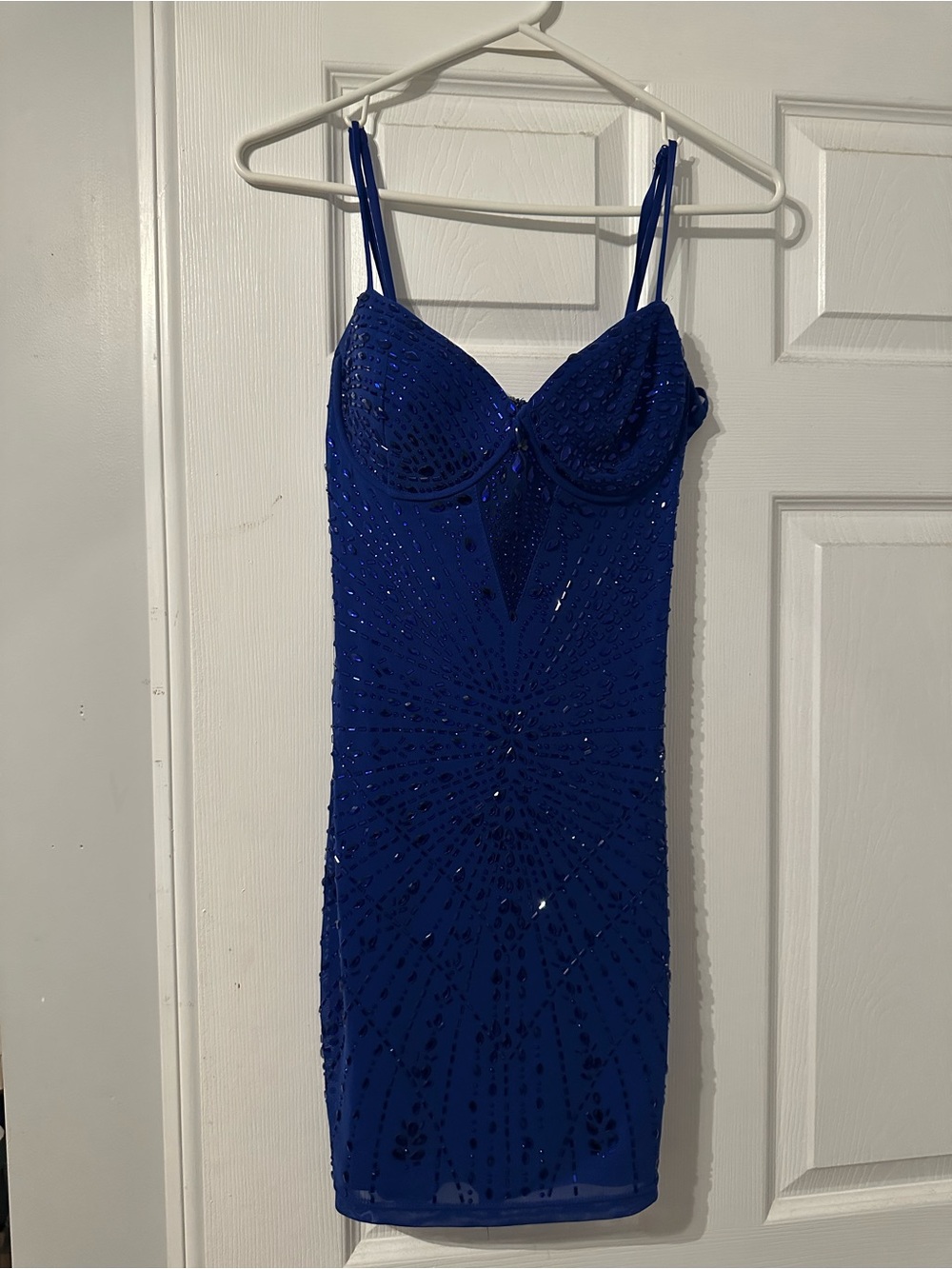 Cobalt Embellished Spaghetti-Strap Mini Dress